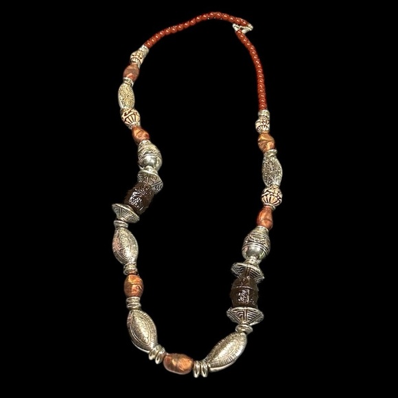 Signed Avon Costume Silver and Neutral Color Tribal Beads Chunky Long Necklace - Picture 3 of 6